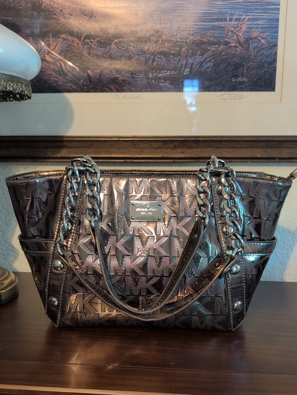 MICHAEL Michael Kors Metallic Gunmetal Monogram Chain-Handle Shoulder Bag